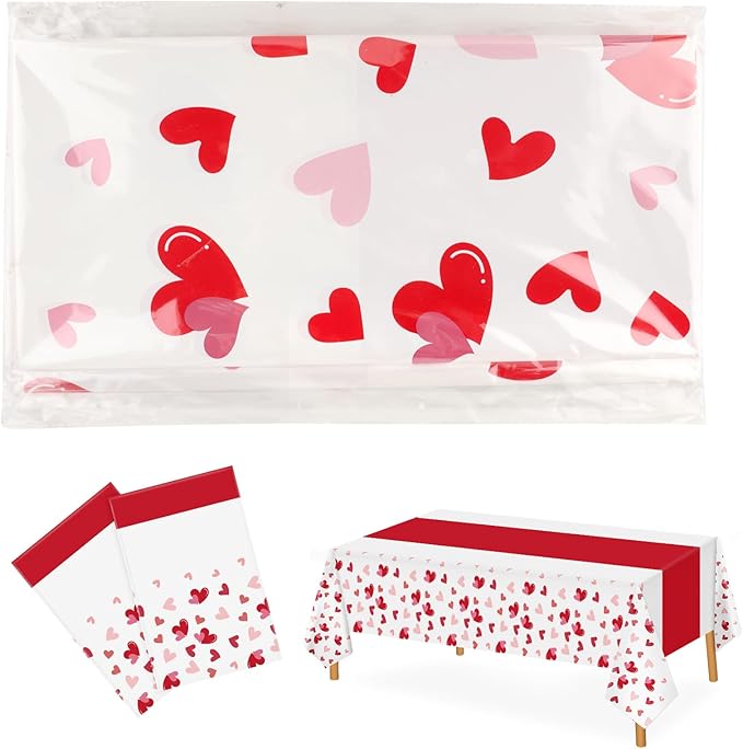 2 Pcs Valentines Plastic Tablecloth 108x54 Inch Love Heart Disposable Table Cloth Red White Rectangle Table Cover for Valentines Day Anniversary Engagement Party Decorations Supplies