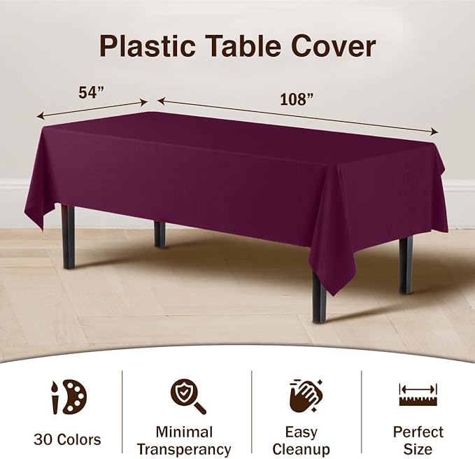 Exquisite Party Solids 6-Pack Premium Plastic Tablecloth 54in. x 108in. Rectangle Plastic Table Cover - Plum