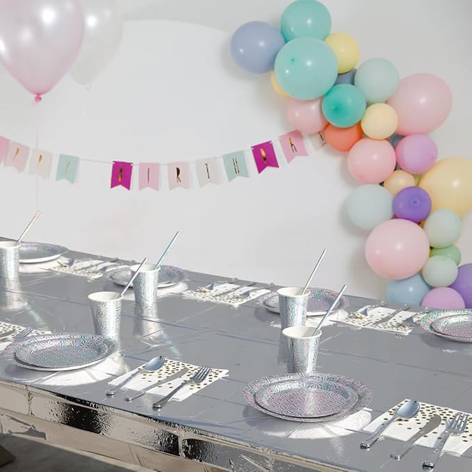 201-piece disposable party tableware set with paper plates, cups, napkins, straws, tablecloths, plastic knives, forks and spoons for a variety of party occasions for up to 25 people (Silver Snowflake)
