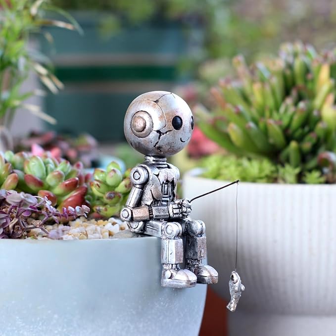 Fishing Robot Statue Funny Halloween Decorations, 4.33 Inch Cute Sitting Figurine Shelf Sitter Resin Sculpture for Outdoor Garden Yard Lawn Pond Waterfalls Pool Ornaments