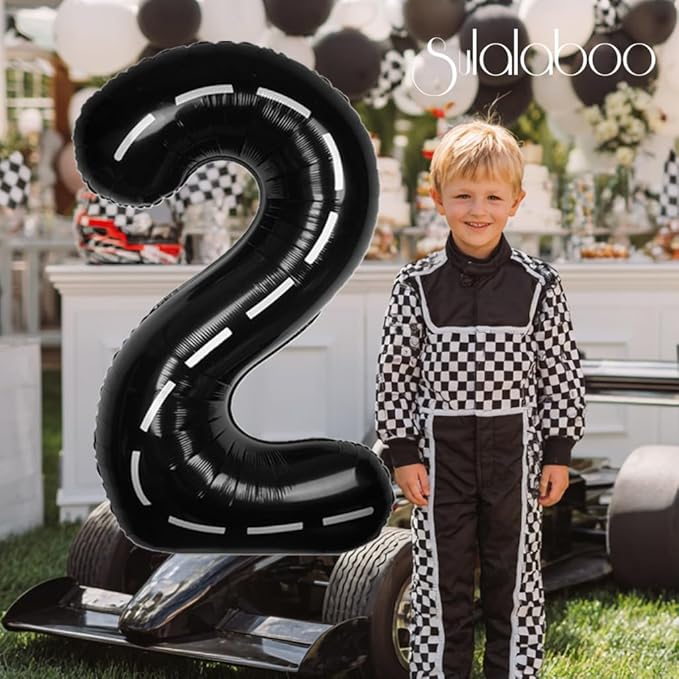 Race Car 40Inch Black 2 Balloon Number Large Helium Race Track 0-9 Giant Digital 2nd Foil Mylar Big Party Number Balloons for Boy Birthday Car Theme Party Anniversary Graduation Decorations