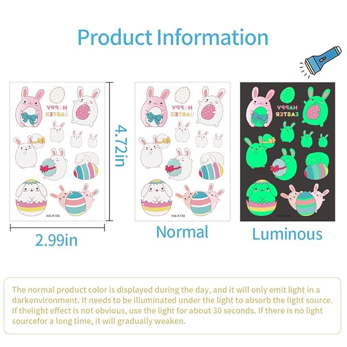 80Pcs Easter luminous temporary tattoos for kids,Glow in The Dark Easter Basket party Tattoos stickers, dwarf colored egg carrot rabbit egg facial makeup Tattoos, holiday party Supplies Favors Gifts