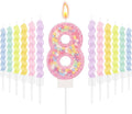 MTLEE Number 8 Birthday Candle with 12 Pcs Spiral Candles for Girls Macaron Pastel Rainbow Unicorn Pink Cake Topper for Sweet Theme Party Decoration