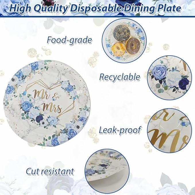 MEHOFOND 169 pcs Blue Wedding Decorations, Mr and Mrs Wedding Disposable Dinnerware, Floral Printed Bridal Shower Plates and Napkins Sets, Paper Plates Cups Party Supplies, Serve 24 Guests