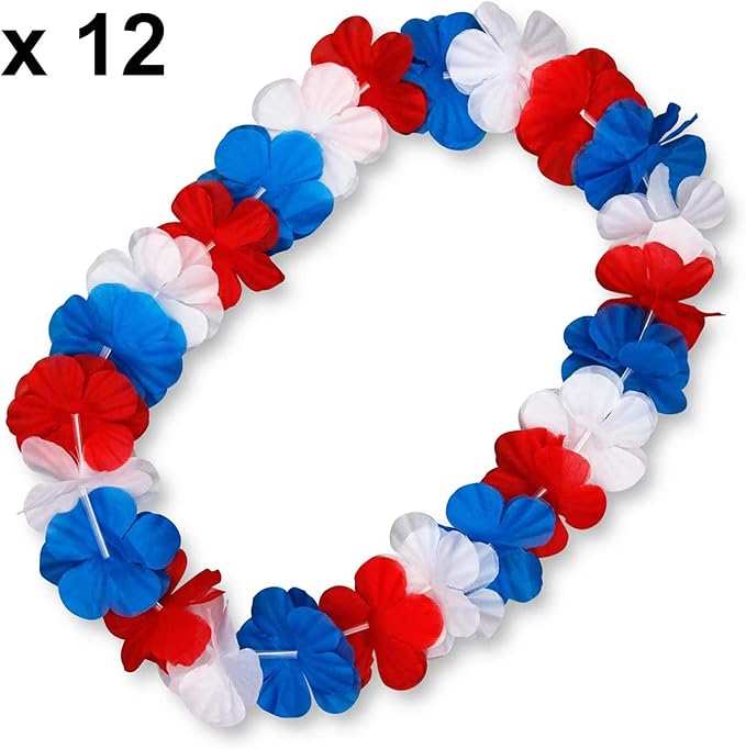 LALASTAR Red White and Blue Flower Leis, Memorial Day Decorations, 4th of July Memorial Day Patriotic Decorations, Hawaiian Luau Flower Necklace Party Favors, Pack of 12