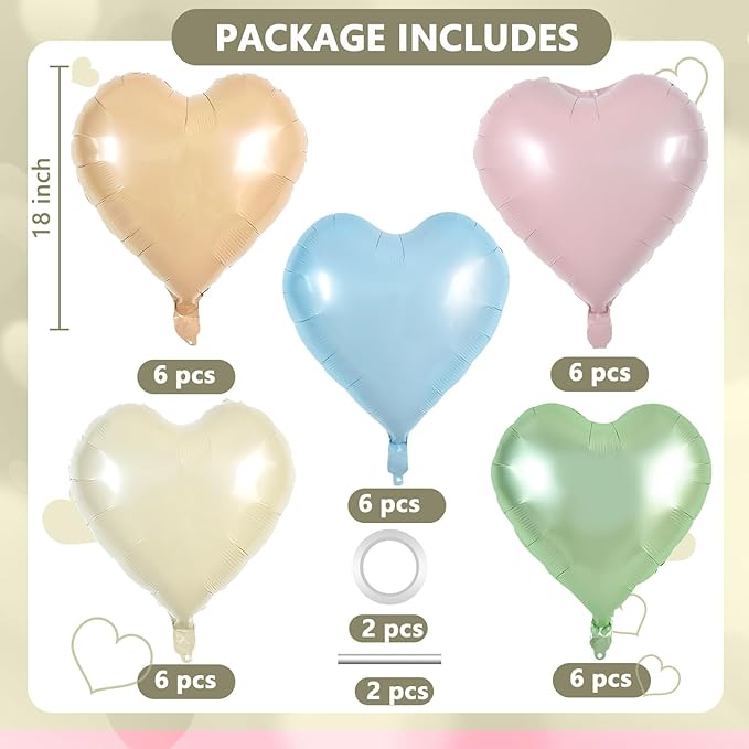 TONIFUL 30Pcs 18 Inch Pastel Colorful Balloons Light Rainbow Heart Shape Foil Mylar Banners Decoration for Birthday Valentine's Day Wedding Bridal Shower Anniversary Engagement Party Supplies