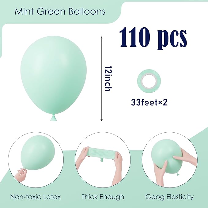 110pcs Mint Green Balloons 12inch Pastel Green Latex Party Balloons for Baby Shower,Graduation, Wedding, Birthday, New Year, Anniversary Party Decorations