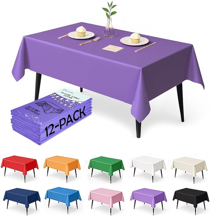 Craft And Party 12-Pack Purple Plastic Tablecloths – 54 x 108 Inch Disposable Table Covers for Rectangle Tables, Heavy Duty & Waterproof for Parties, Events, Banquets, Purple