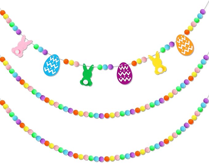 Breling 3 Pieces Easter Felt Garland 10 ft Colorful Felt Pom Pom Ball Garland Bunny Eggs Easter Banner Decorations for Mantle Fireplace Room Hanging Decor