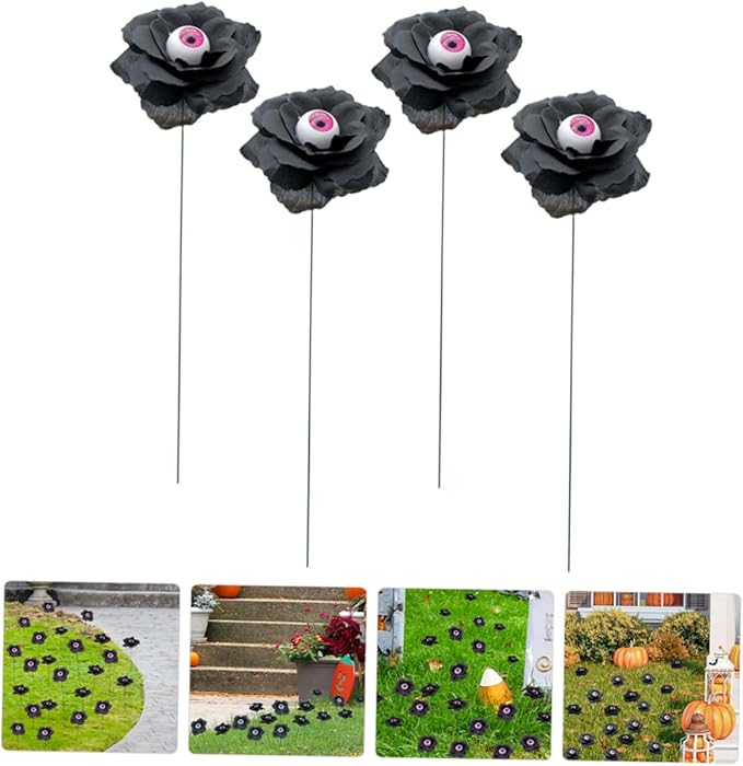 balacoo Halloween Yard Decorations 4pcs Black Rose Sign Stakes Eyeball Flowers Outdoor Decor