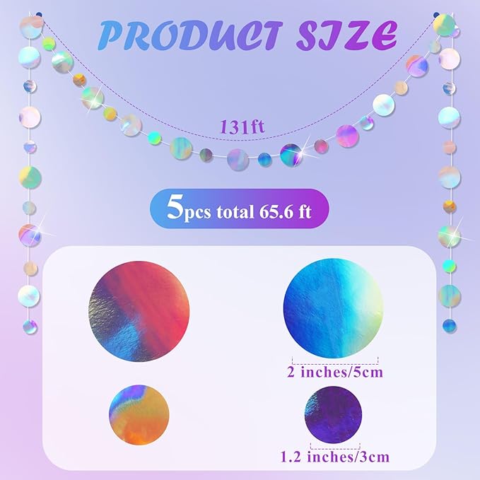 Outus 5 Pieces Laser Silver Round Dots Garland Easter Graduation Party Hanging Decor Each Length 13.1ft Glitter Paper Dot Streamers for Birthday Wedding Classroom