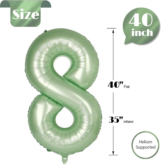 Sage Green Number 8 Balloon 40 Inch, 8 Balloon Number, 8th Birthday Decorations, Oliver Green Party Supplies for Boys Girls