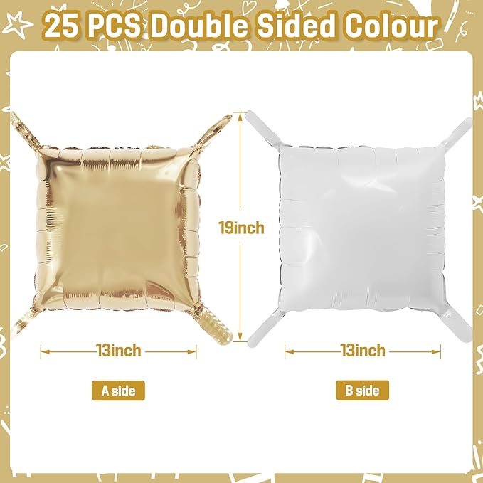 Gold White Square Foil Balloons Wall, 25PCS Double Sided Chrome Light Gold White Balloons Tunnel Arch Kit Backdrop for New Years 2026 Birthday Wedding Engagements Graduation Party Decorations