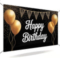 Happy Birthday Porch Banner 71x43 Inch, Large Black and Gold Balloon Backdrop with Confetti and Flags, Birthday Party Decorations for Indoor Outdoor Yard Patio Wall Hanging