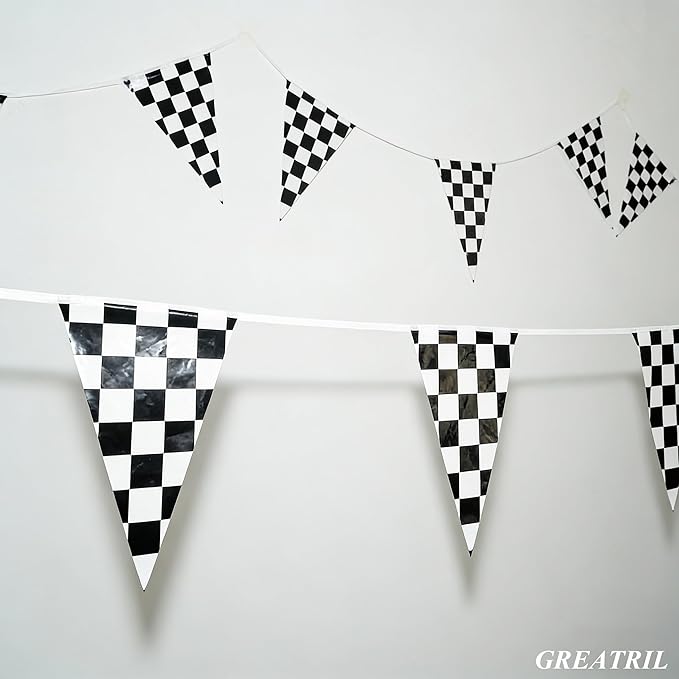 Checkered Pennant Banner Flags - GREATRIL Black White Racing Theme Triangle Bunting for Birthday/Garage/Race Car Party Decorations 4 Strings