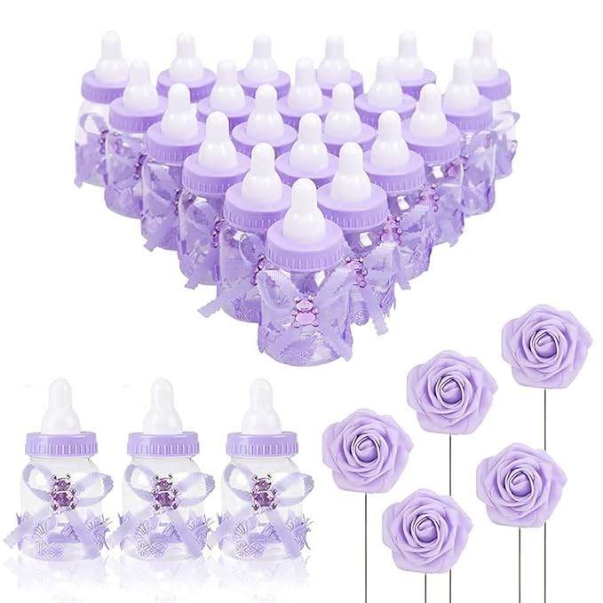 MACTING 2 Dozens 3.5 Inch Feeding Bottle Candy Box with 5Pcs Artificial Flower Rose for Baby Shower Favor Gift Decoration (Purple)