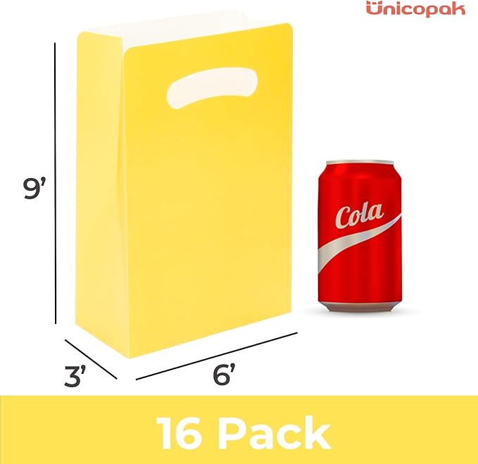 UnicoPak 16 Pack Yellow Party Favor Bags - 6×3×9” Premium Matte Yellow Gift Bags for Construction Birthday, Bee Baby Shower, Easter - Sturdy Paper Goodie Bags with Handles, Customizable for Treats & Cookies