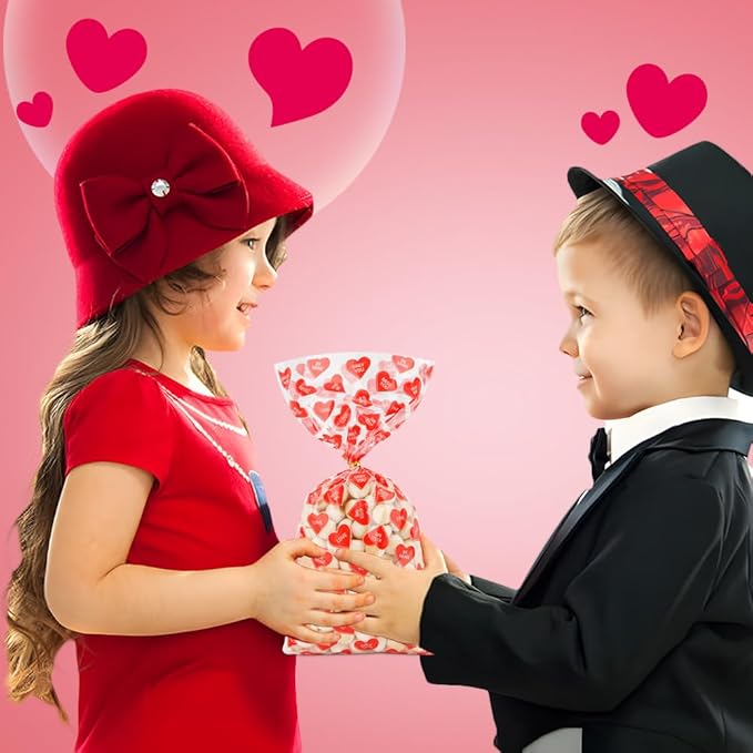 Valentines Treat Bags, 100 PCS Valentines Goodie Bags, Valentines Day Plastic Goodie Candy Goody Cookie Favor Ziplock Cellophane Treat Bags for Classroom Party Small Mini Valentines Gift Bags Bulk