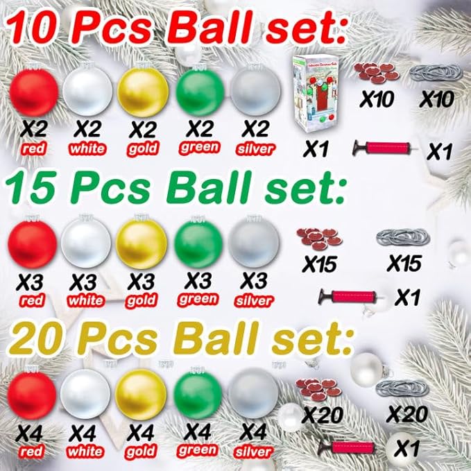 10 PCS Outdoor Decorations, 11 Inch Inflatable Christmas Balls, Festive Ornaments for Front Door Yard, with Pump (Red, Green, White, Gold, Silver)