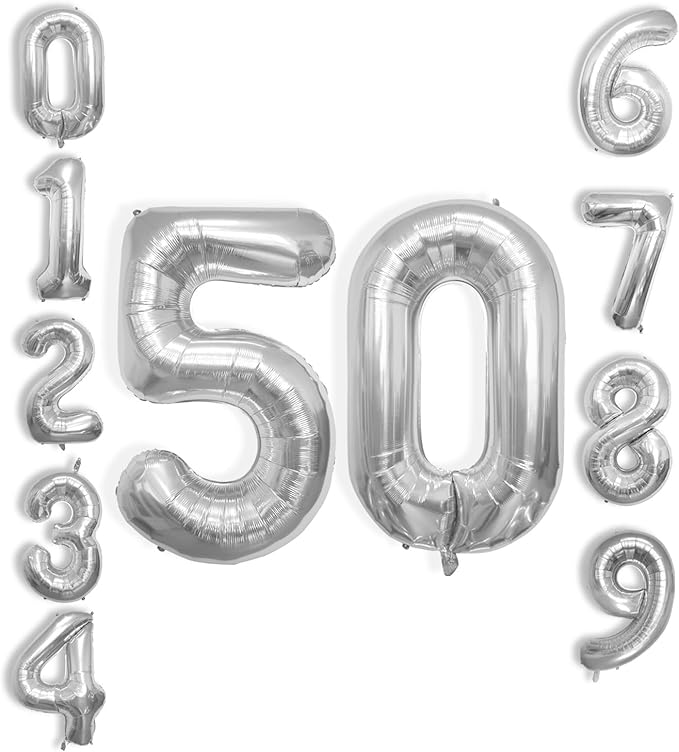 40 Inch Large Number Celebration and Decoration Balloon for Birthday Parties, Graduations, Anniversaries, Weddings, Photo Shoots, Special Events - Helium Foil Mylar (Silver Number 50)