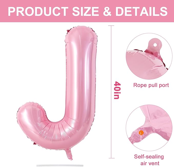TONIFUL 40 Inch Large Pink Letter J Balloons Giant Foil Mylar Alphabet Balloon for Birthday Party Anniversary Baby Shower Wedding Supplies Decorations