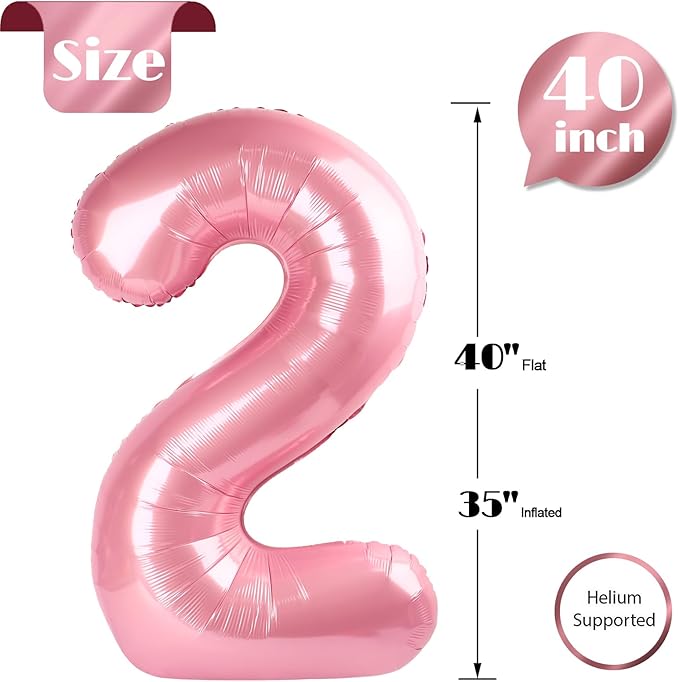 Pearlescent Pink Number 2 Balloon 40 Inch, 2nd Birthday Decoration for Toddlers Girls Boys, Sparkling 2 Number Balloon Party Decor