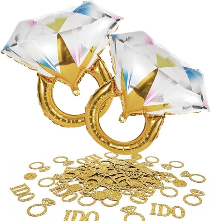 Engagement Party Decorations Set - 2 Giant Diamond Ring Balloons + Gold Confetti Table Scatter, Engagement & Wedding Party Supplies for Bridal Shower, Bachelorette, Anniversary Celebration