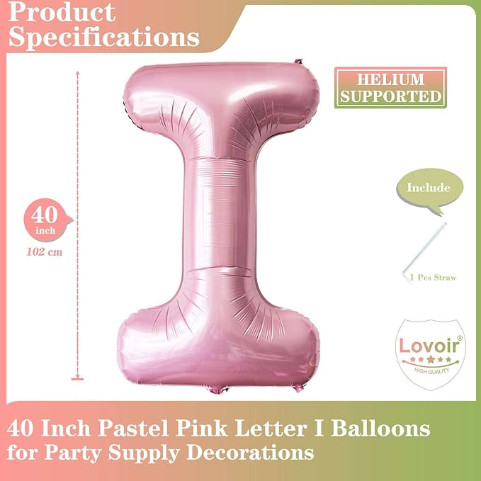 Lovoir 40 Inch Pastel Pink Letter I Balloons, 1 Count, Unisex Adults, Boys, Girls, Alphabet, Letter, Self Sealing, Thickened Grade A Quality Foil Material, Perfect for Birthday Celebration