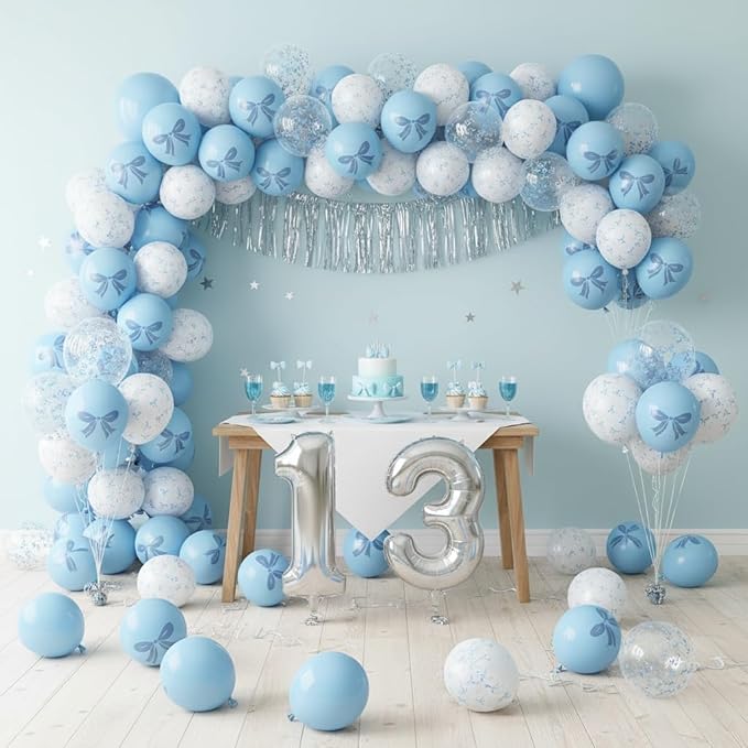 Blue and White Balloons Set, 12 Inch Light Baby Blue White Clear Bow Latex Balloon for Wedding Bridal Engagement Bachelorette Baby Boy Shower Winter Princess Birthday Theme Party Decorations Supplies