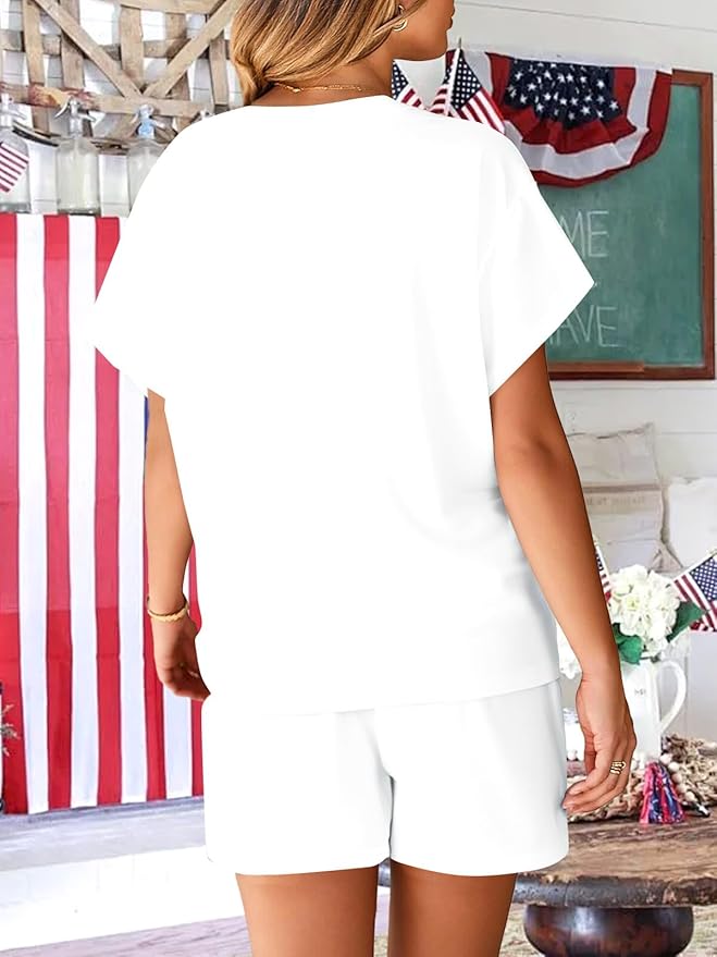 VILOVE 4th of July 2 Piece Sequin Outfits Women 250 Anniversary Usa Shirts and Short Sets Casual Patriotic Shirt Summer Set
