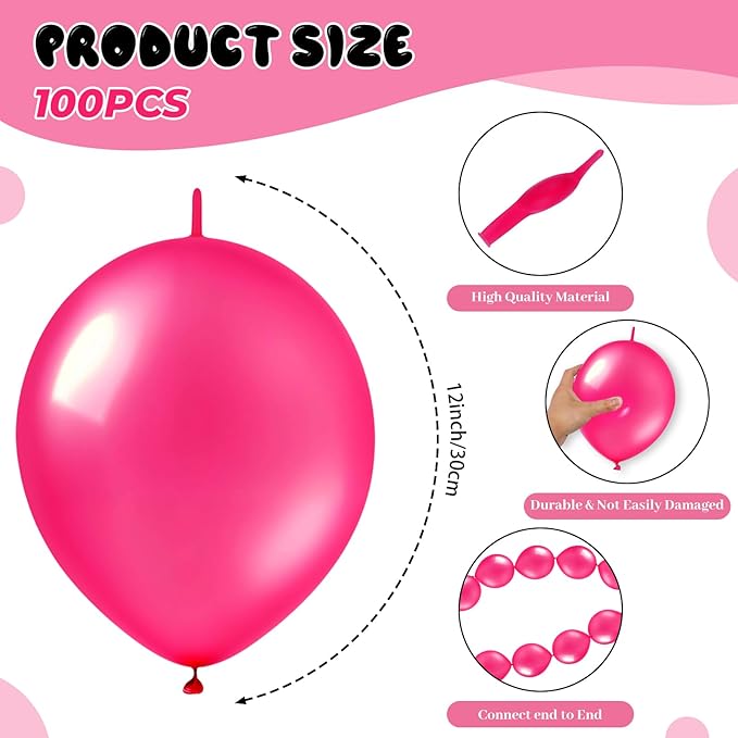 Link Balloons 12 Inch - 100 Pcs Quick Link Balloon Latex Linking Balloons Connected Linkable Balloon Birthday Wedding Party Decorations(Rose)