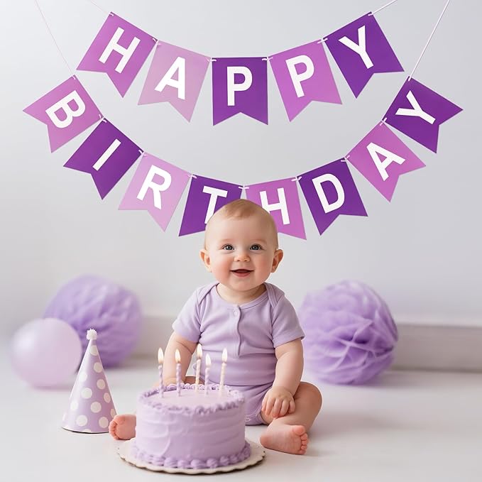 Purple Happy Birthday Banner Birthday Party Banner NO DIY Happy Birthday Sign Pre-Strung Birthday Hanging Decoration for Women Men Girl Boy Party Supplies(Purple)