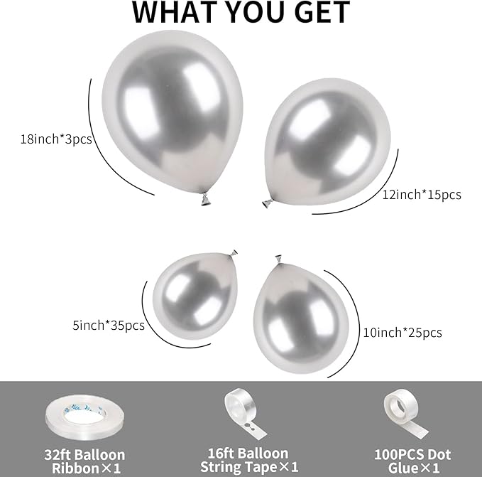 Metallic Silver Balloons Latex Balloon Kit - 78pcs (5/10/12/18inch) Chrome Silver Balloons for Birthday, Wedding, Bridal Shower, Anniversary - Unisex Children & Adults