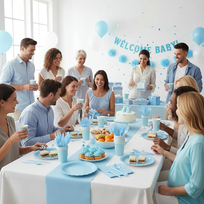 175 Pcs Light Blue Paper Plates and Napkins, Boy Baby Shower Decorations Include Light Blue Scalloped Plates Napkins Cups Plastic Spoons Forks Knives for Birthday, Bridal Shower, Wedding,