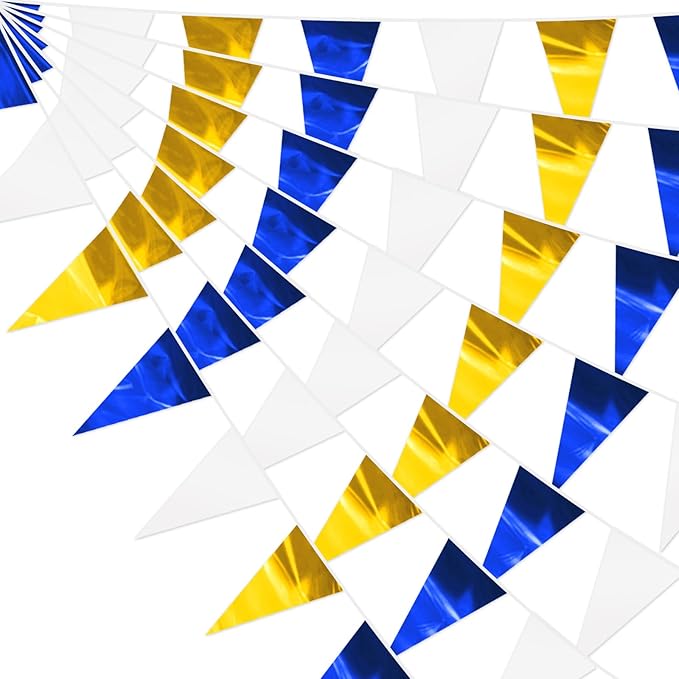 32.8FT Navy-Blue White Gold Glitter Triangle Pennant Banner Flag Metallic Bunting Outdoor Garland for Christmas Graduation Retirement Wedding Bridal Shower Nautical Ahoy Achor Party Decorations Decor