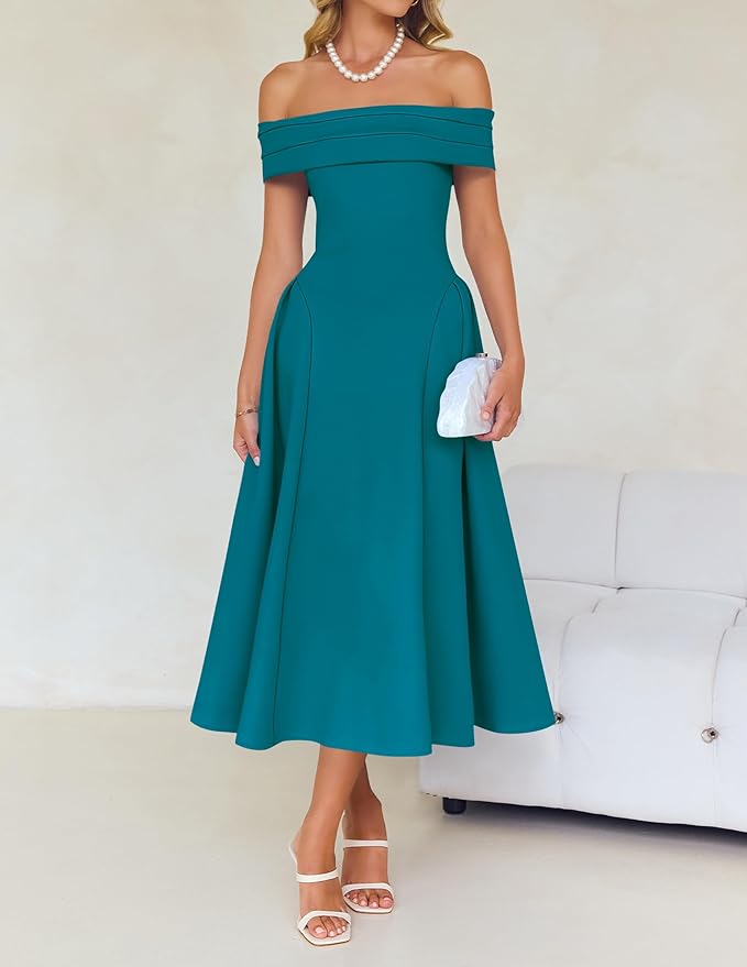 ZESICA Summer 2026 Cocktail Dresses for Women's Off Shoulder Short Sleeve Swing A Line Wedding Evening Party Midi Dress
