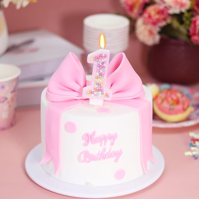 Sweet One Birthday Candles for Girls - Pink Number 1 Candle, First Birthday Decorations for Girl, Fairy Cake Decorations, Colorful Macaron Candles for One Cake Topper