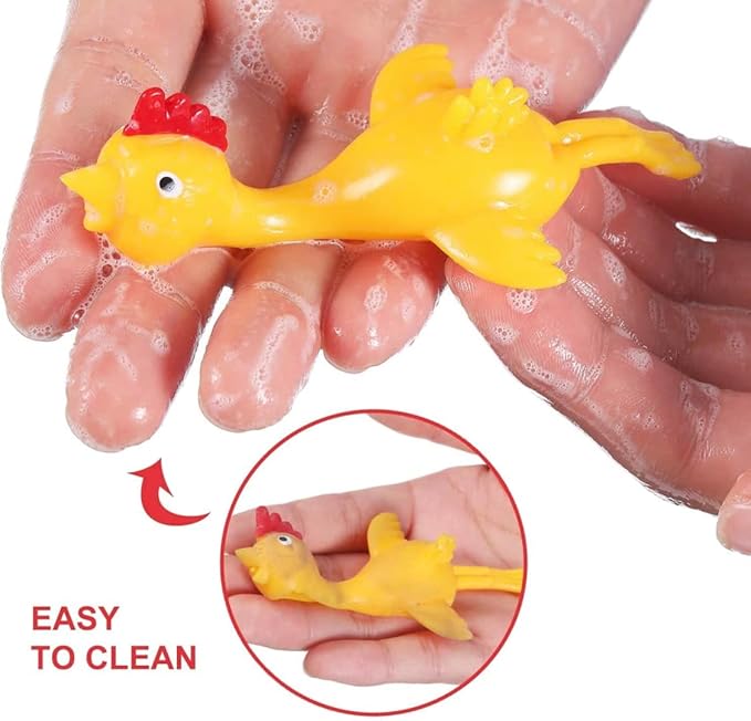 Funiverse 100 Pack Chicken Finger Flingers - Stretchy Rubber Flying Chickens, Multi Color Assortment, Individually Packaged Party Favors for Classroom, Birthday, Halloween