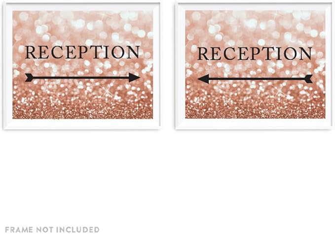 Andaz Press Wedding Party Directional Signs, Glitzy Rose Gold Glitter, 8.5x11-inch, Double-Sided, Reception with Big Arrow, 1-Pack, Bokeh Colored Party Supplies