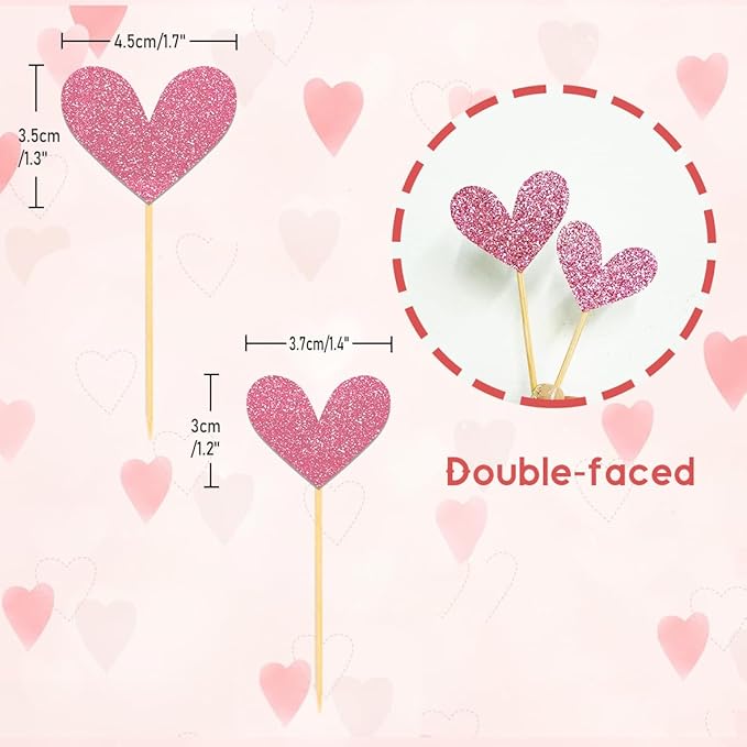 24Pcs Glitter Pink Heart Cupcake Toppers for Valentine's Day Decorations, Mixed Size Double-Sided Heart Valentine's Day Cupcake Toppers for Wedding Bridal Shower Party Decorations (Pink)