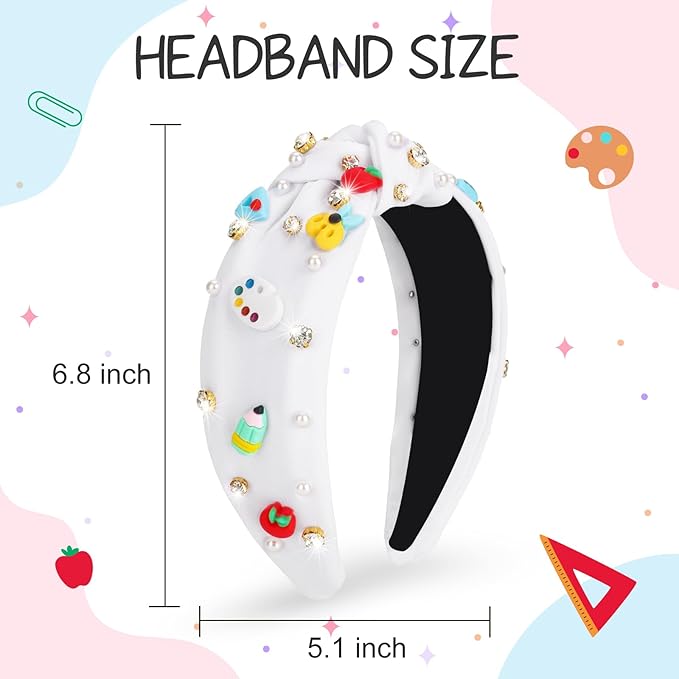 Teacher Headbands for Women, Teacher Appreciation Gifts, Pearl Rhinestone Back to School Headband for Girls, Jeweled Top Knot Embellished Hairband,Teachers Hair Accessories Outfits (White)