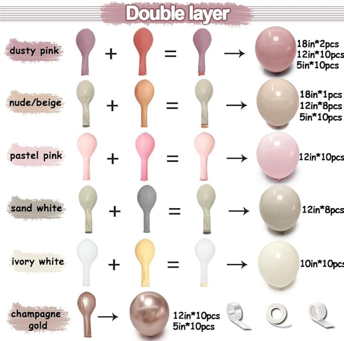 Dusty Pink Rose Balloon Garland Double Stuffed Mauve Light Pink Latex Blush Nude Beige Champagne Gold Balloon Arch Kit for Boho Birthday Baby Bridal Shower Neutral Wedding Party Decor