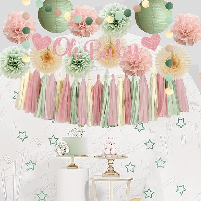 Sage Green and Blush Pink Baby Shower Decorations Oh Baby Shower Decorations for Girl Dusty Rose and Sage Green Beige Boho Pastel Dusty Pink Party Decorations with Cream Tassel Garland