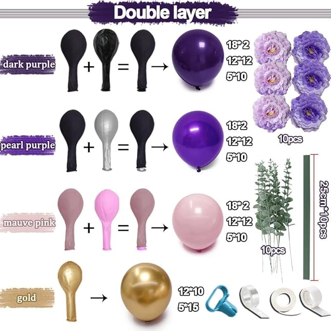 Purple and Gold Balloons Double Stuffed Royal Purple Pink Balloon Garland Kit with Artificial Flowers Balloon Arch for Sweet 16, Bridal Shower and Birthday Decoration