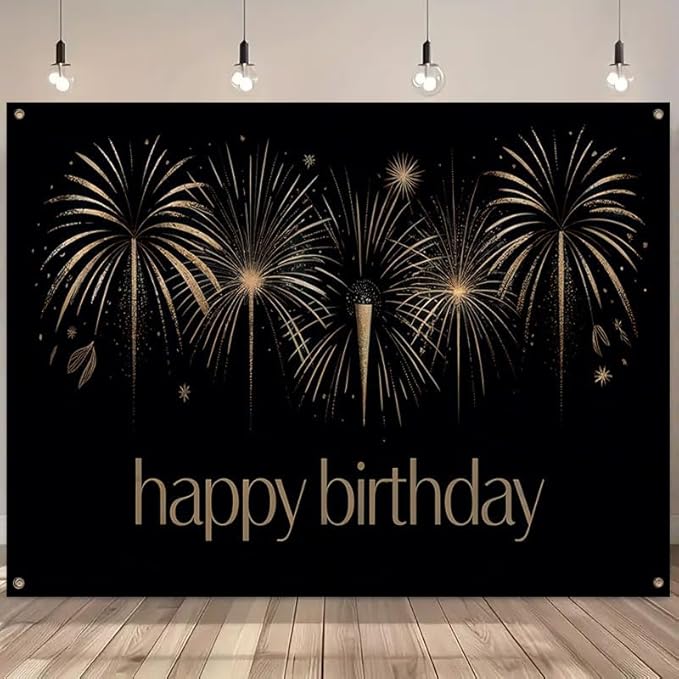 Happy Birthday Decorations Banner 71x43 Inch, Black Gold Fireworks Birthday Backdrop for Adult Party, Large Photo Booth Background Supplies