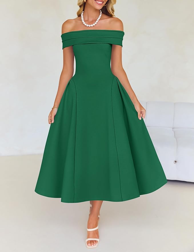 ZESICA Summer 2026 Cocktail Dresses for Women's Off Shoulder Short Sleeve Swing A Line Wedding Evening Party Midi Dress