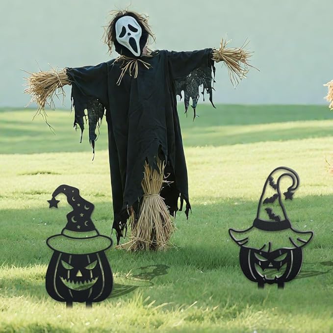 WADORN 2Pcs Halloween Pumpkin Metal Decorative Garden Stakes, Halloween Bat Black Metal Yard Decoration Stakes Pumpkin Silhouette with Witch Hat Garden Ornament Gifts for Outdoor Backyard Lawn Patio