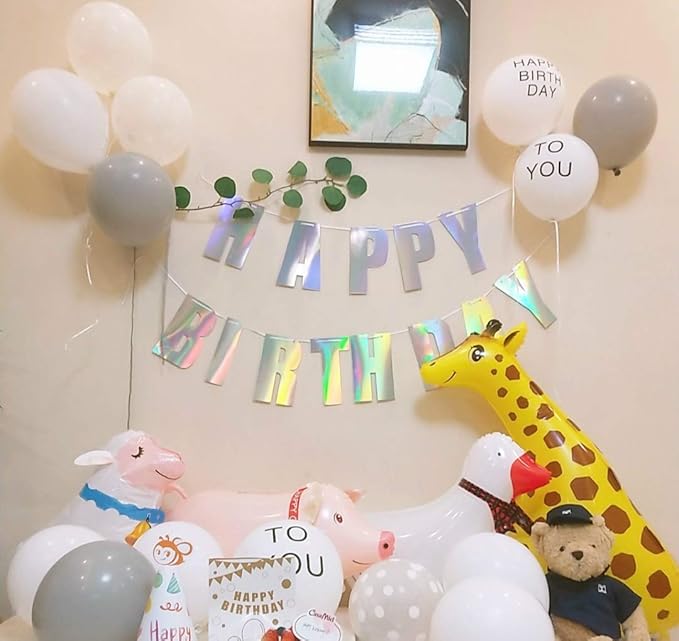 Pre-Strung Happy Birthday Sign - NO DIY - Holographic Hanging Banner Iridescent White Bunting String Flag Garland for Party Decorations (Holographic)