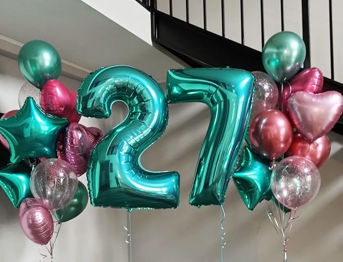 40 Inch Birthday Number Balloons, Blue-Green Numbers Balloon for Birthday Party Decoration, Foil Number 2 Ballon for 2, 12, 20, 22, 2026 Celebration, Graduation, Baby Shower, Anniversary Decor