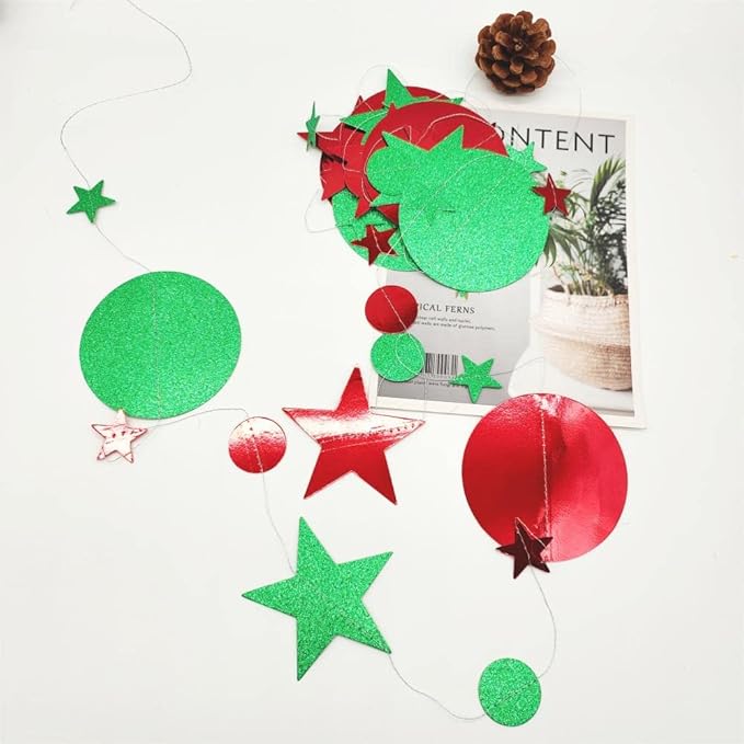 JEYE Red Green Circle Dots Twinkle Star Party Garland Banner Decoration Paper Hanging Streamer Bunting Backdrop Decor for Birthday Wedding Thanksgiving Christmas Decor, Pack of 2, 26 Feet in Total